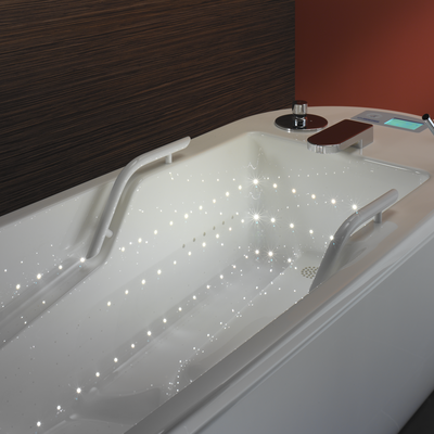 Внутренняя часть гидромассажной ванны имеет световой эффект с 150 световыми точками со сменой цветов.