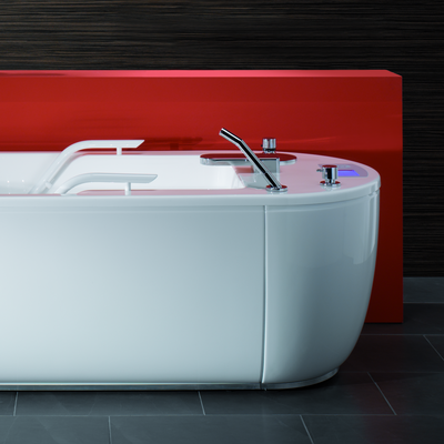 An elegant white bathtub for automatic underwater massage with 260 water jets