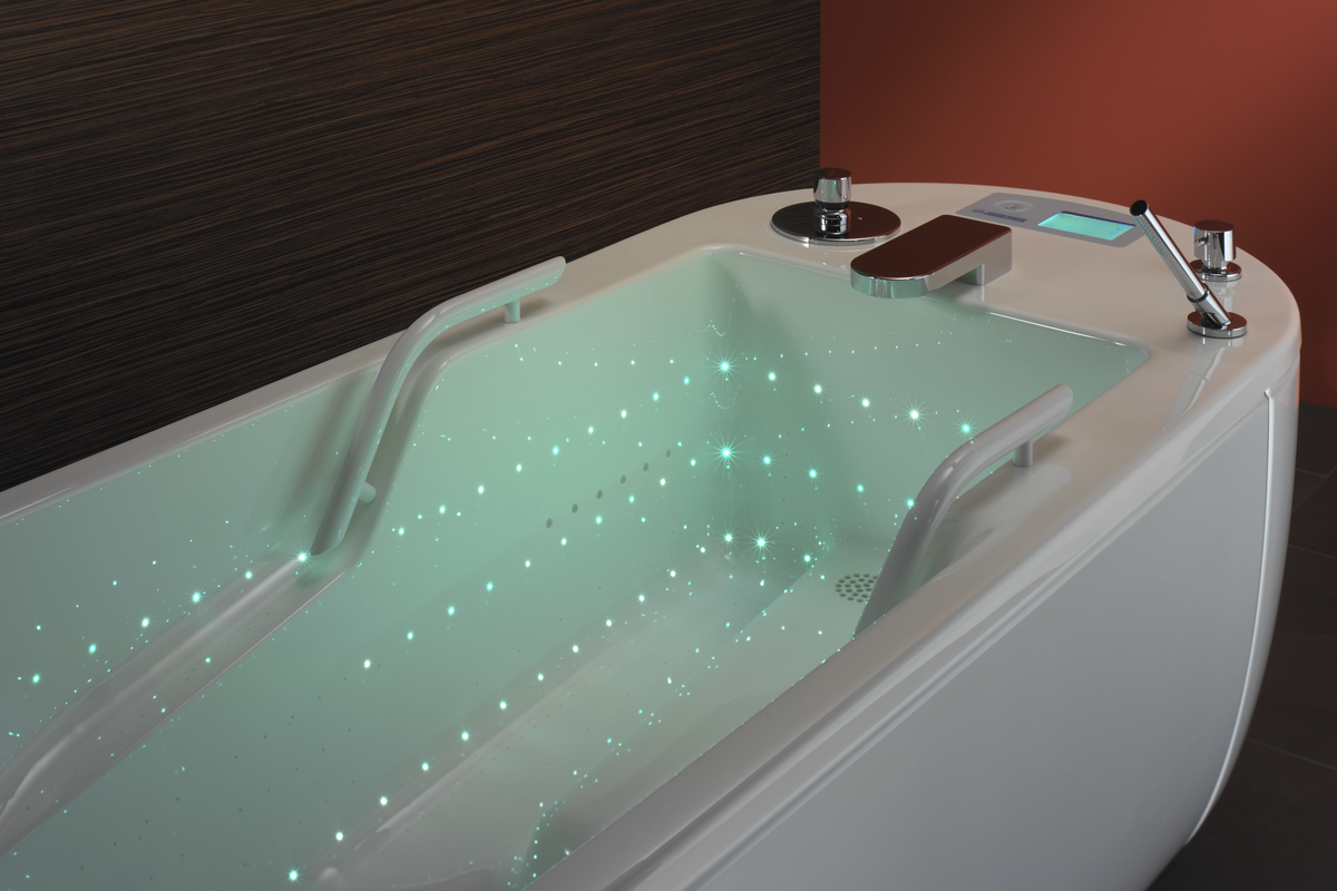 The light effect inside the tub is reminiscent of glittering stars and is called Starlight effect. 