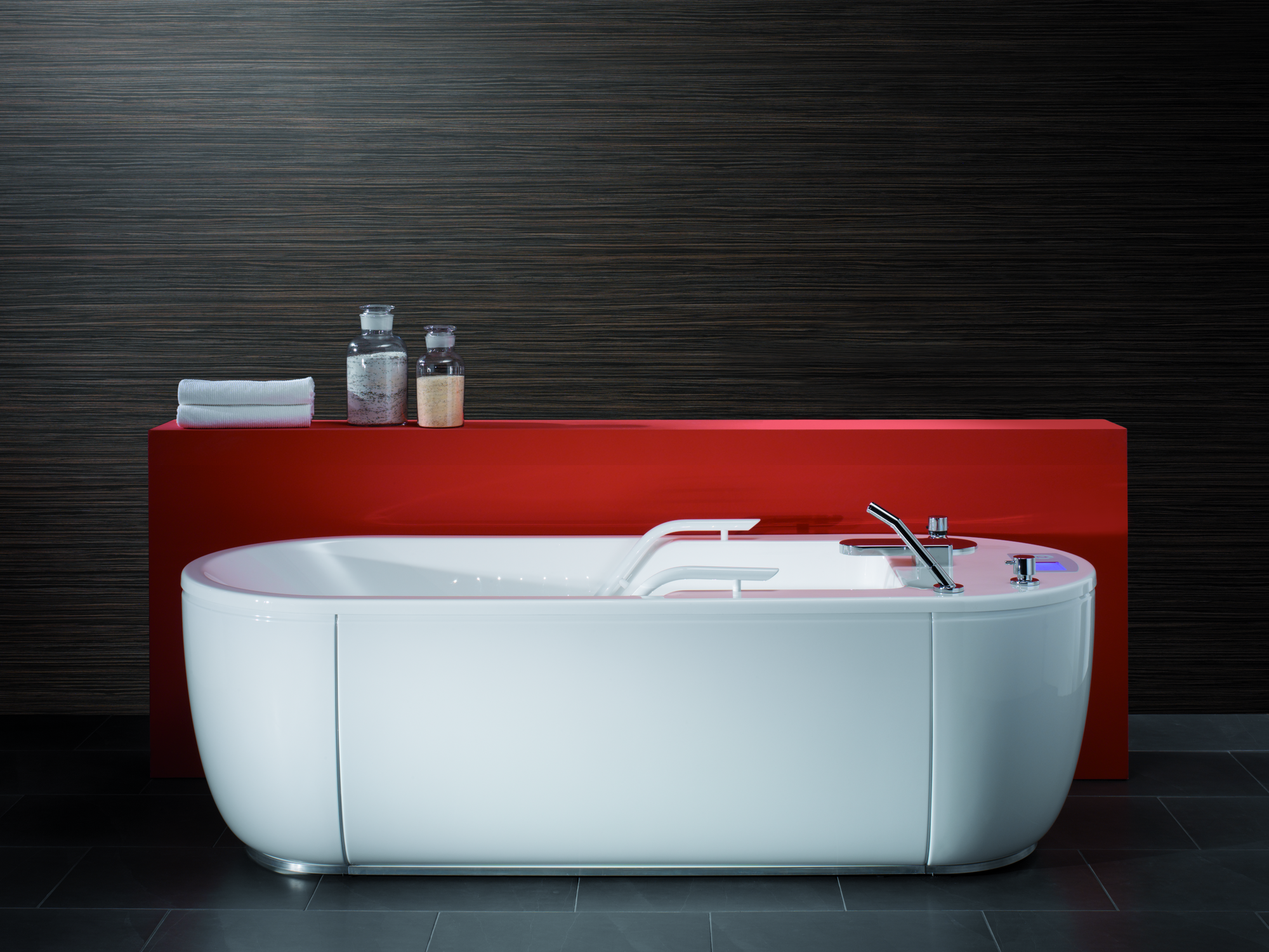 An elegant white bathtub for automatic underwater massage with 260 water jets
