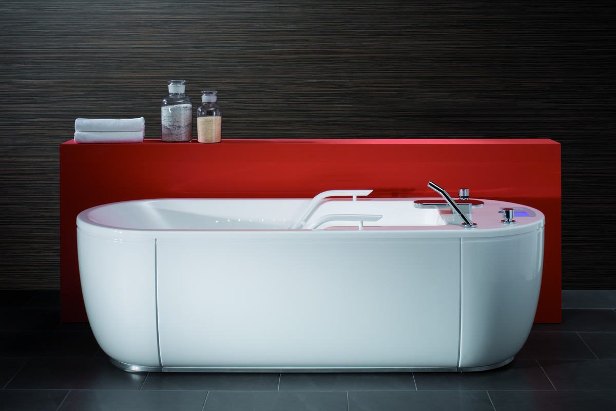 An elegant white bathtub for automatic underwater massage with 260 water jets